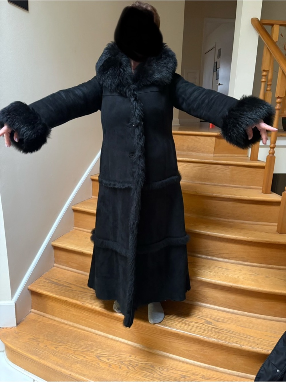 Women's Black Long Genuine leather and  Fur Trim Trench Coat